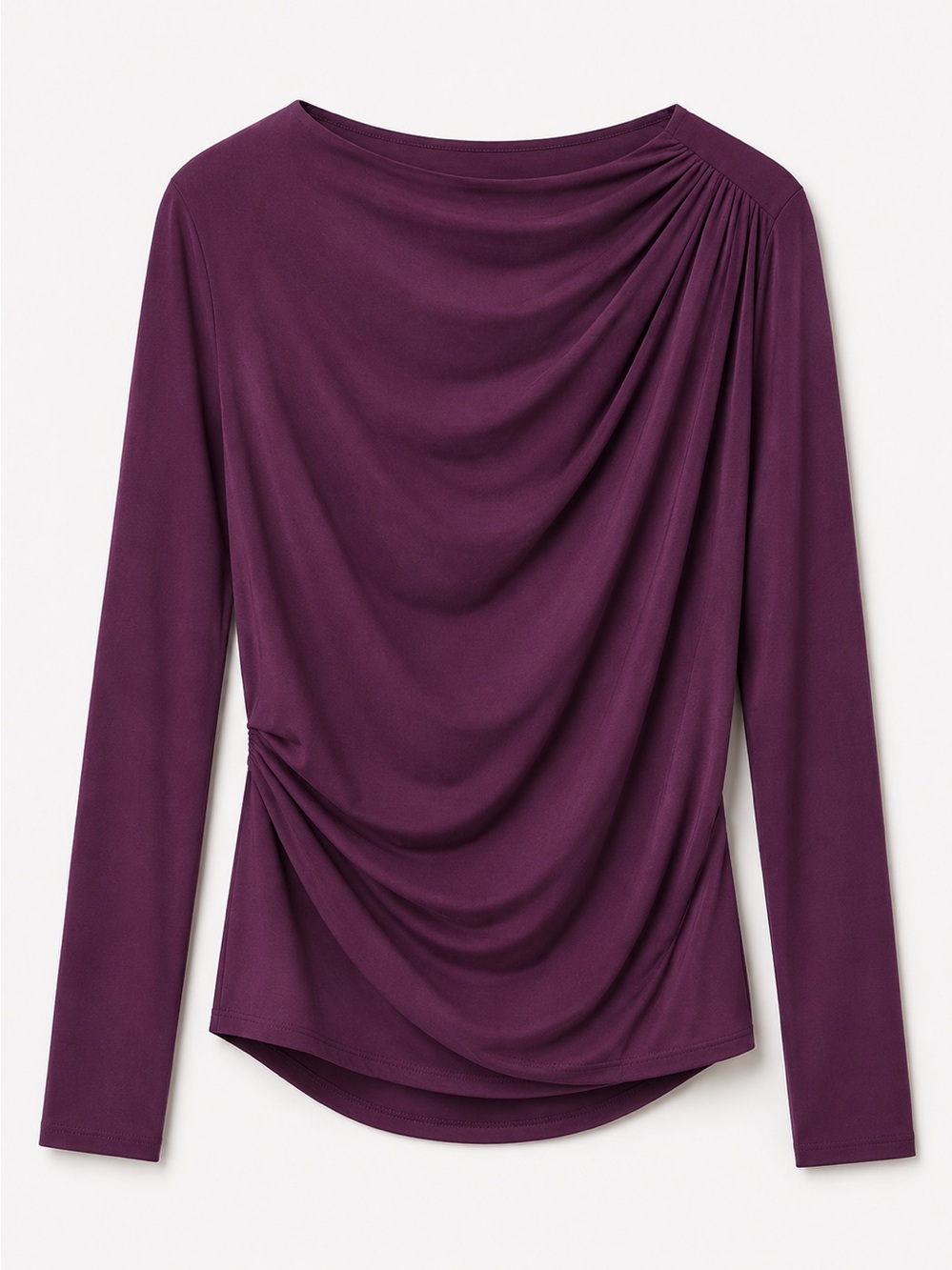Draped Long-Sleeve Blouse — Deep Plum